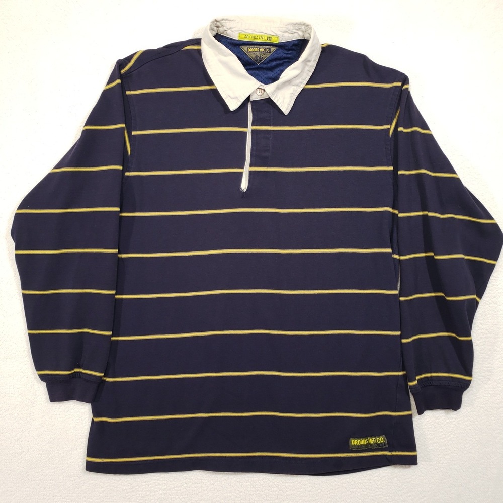 Droors Mfg Co Rugby Shirt Mens Medium Blue Yellow Striped Skate USA Made‎ Polo